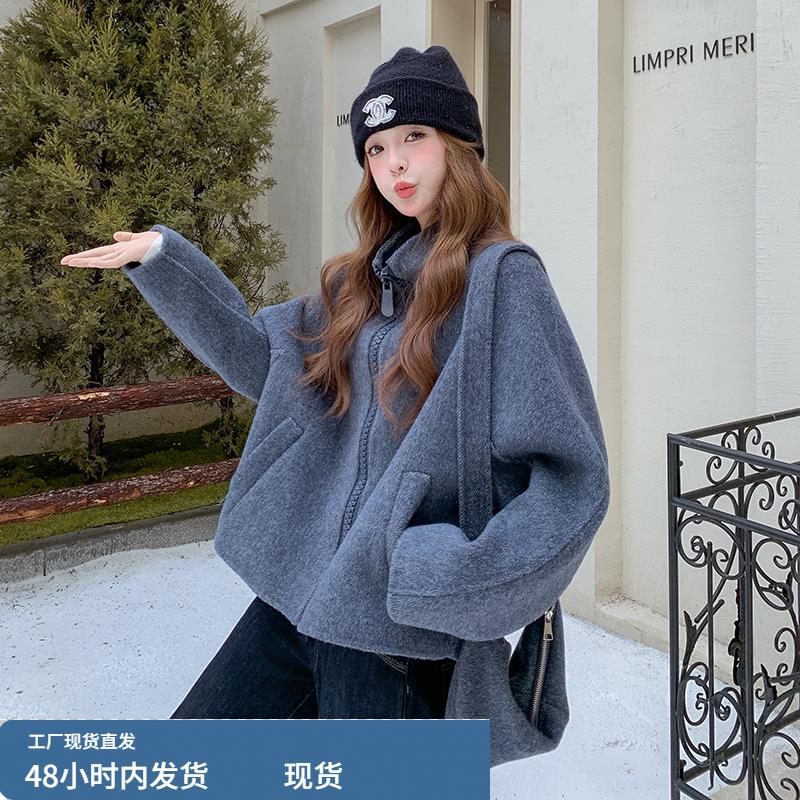 灰色立领毛呢外套女2025年冬季新款时尚高级感减龄显瘦百搭呢大衣