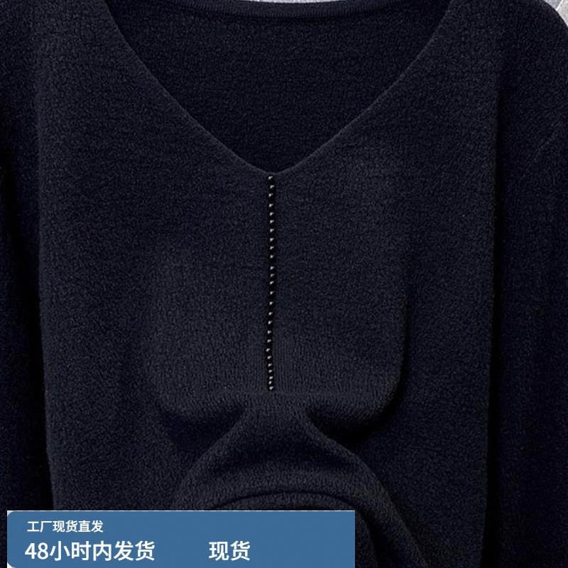极简风钉珠V领毛衣女2025早秋新款欧货黑色外穿洋气针织衫上衣