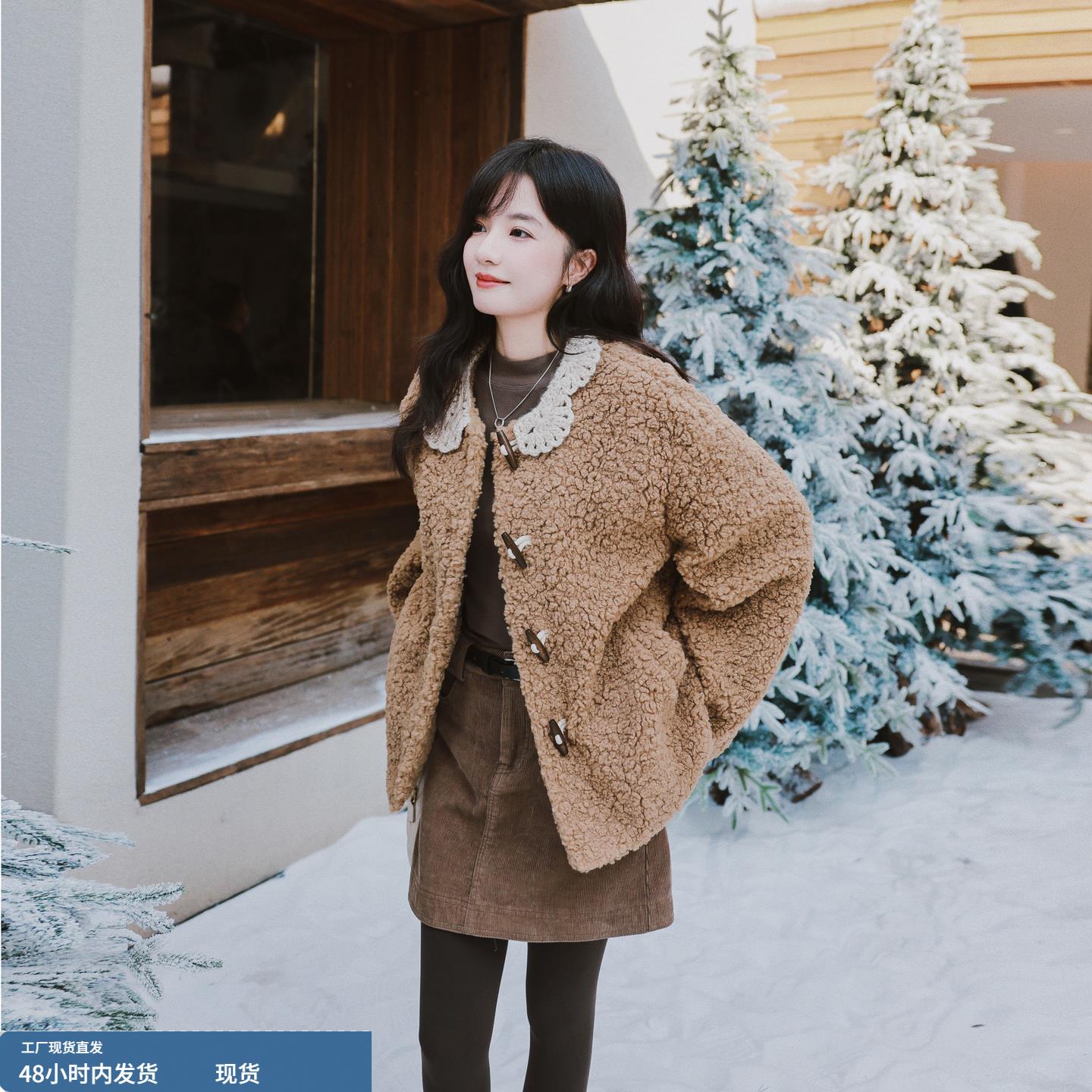 学院风减龄娃娃领羊羔毛外套女秋冬季2025年新款加厚保暖皮毛一体