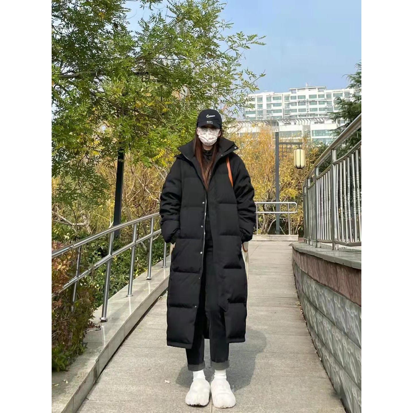 中戏长款羽绒服女可脱卸帽过膝2025冬季新款韩版宽松加厚情侣外套