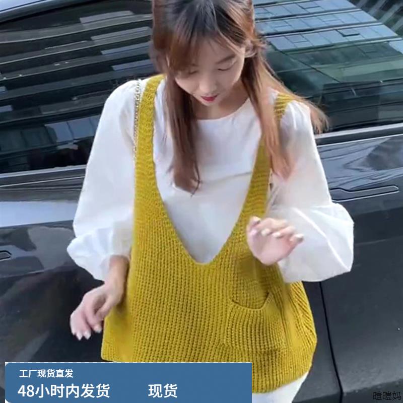 韩系chic别致两件套2025新款灯笼袖慵懒风白衬衫针织马甲背心套装