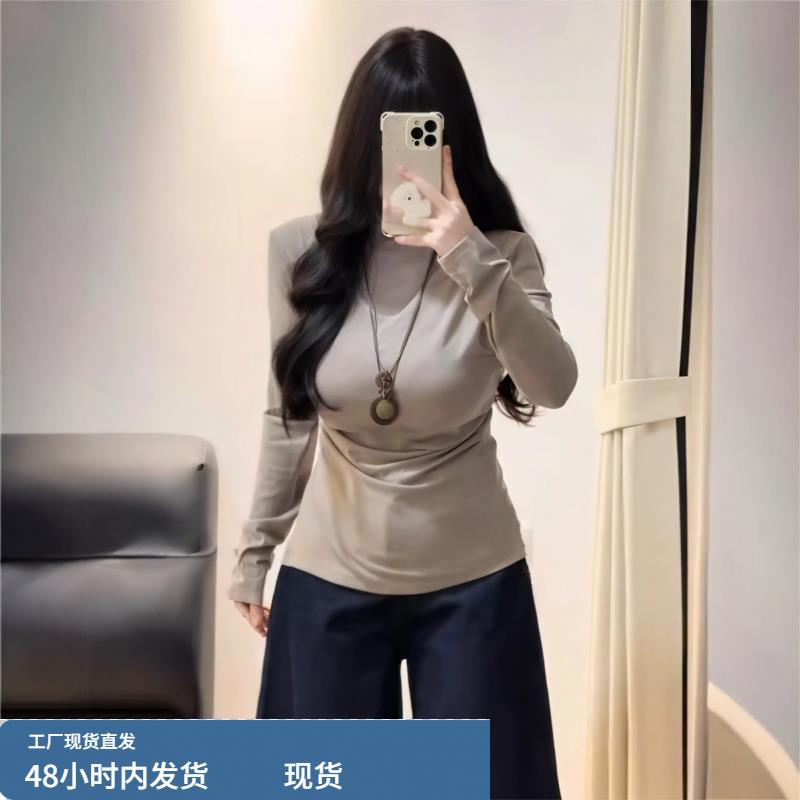 大码女装法式设计感修身长袖打底衫女秋冬胖mm显瘦内搭超好看上衣