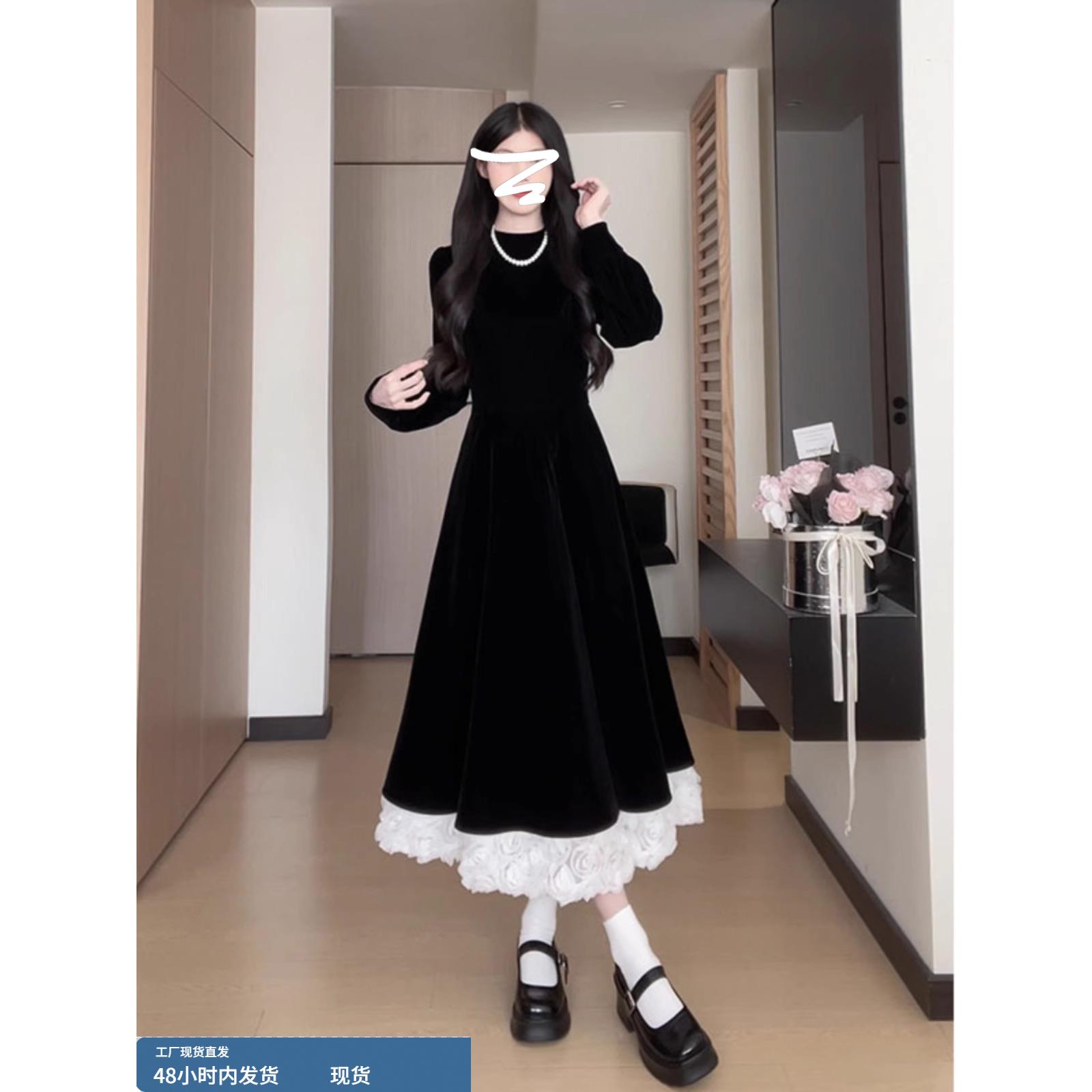 黑色撞色丝绒连衣裙女2025冬季新款法式赫本风圣诞收腰显瘦长裙子