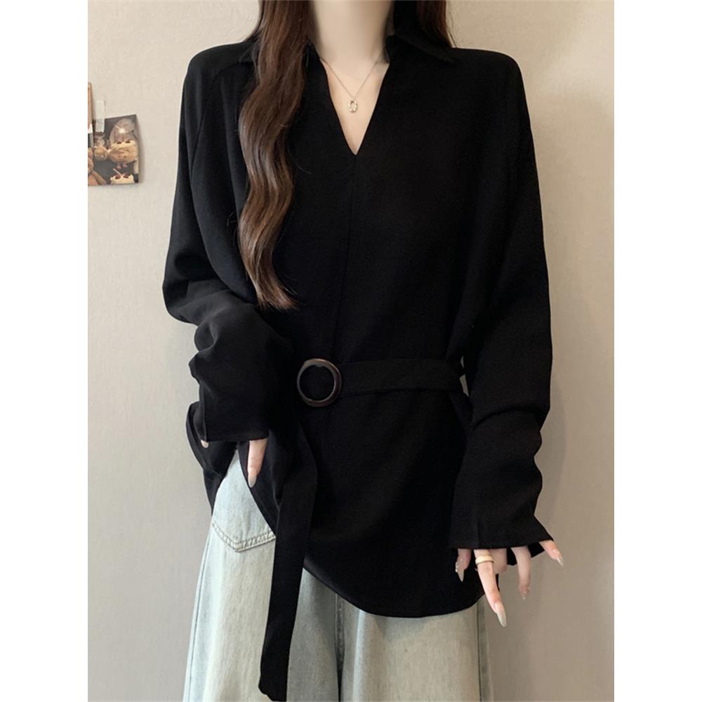 大码女装遮肚子高级感POLO领衬衫春秋胖妹妹显瘦收腰V领长袖上衣