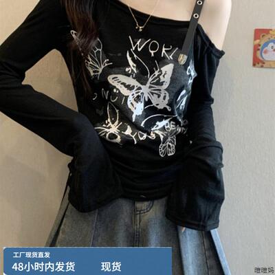 斜肩美式印花长袖t恤女早秋miu系酷飒拽姐配工装裤爵士舞辣妹上衣