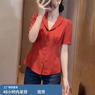 橘红色翻领衬衫上衣女2026夏季短袖轻奢高级感设计感独特漂亮小衫