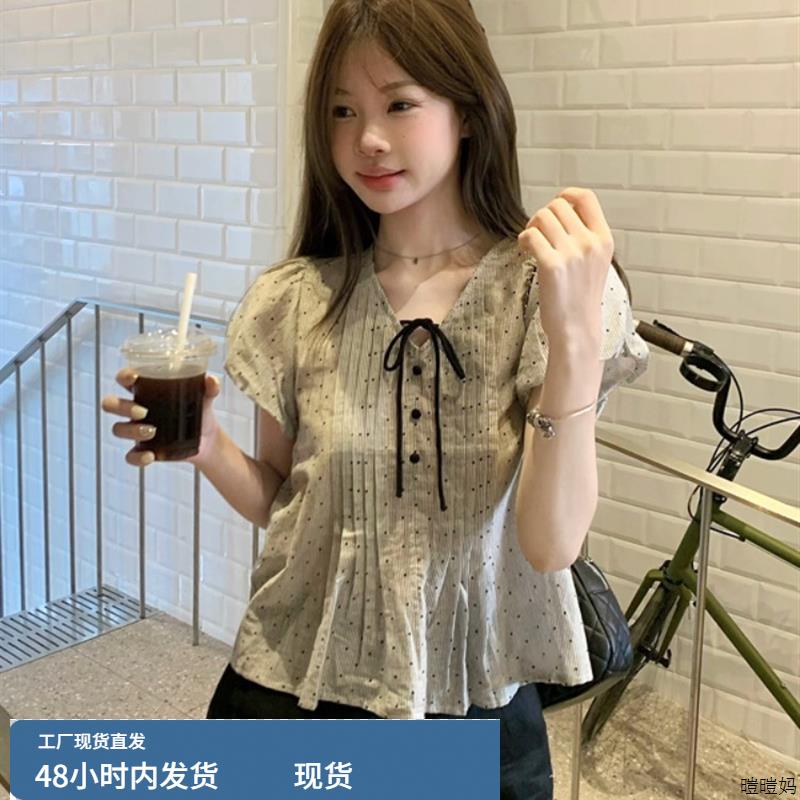系带v领波点飞飞袖娃娃衫法式短款设计感褶皱衬衫女夏季绝美上衣