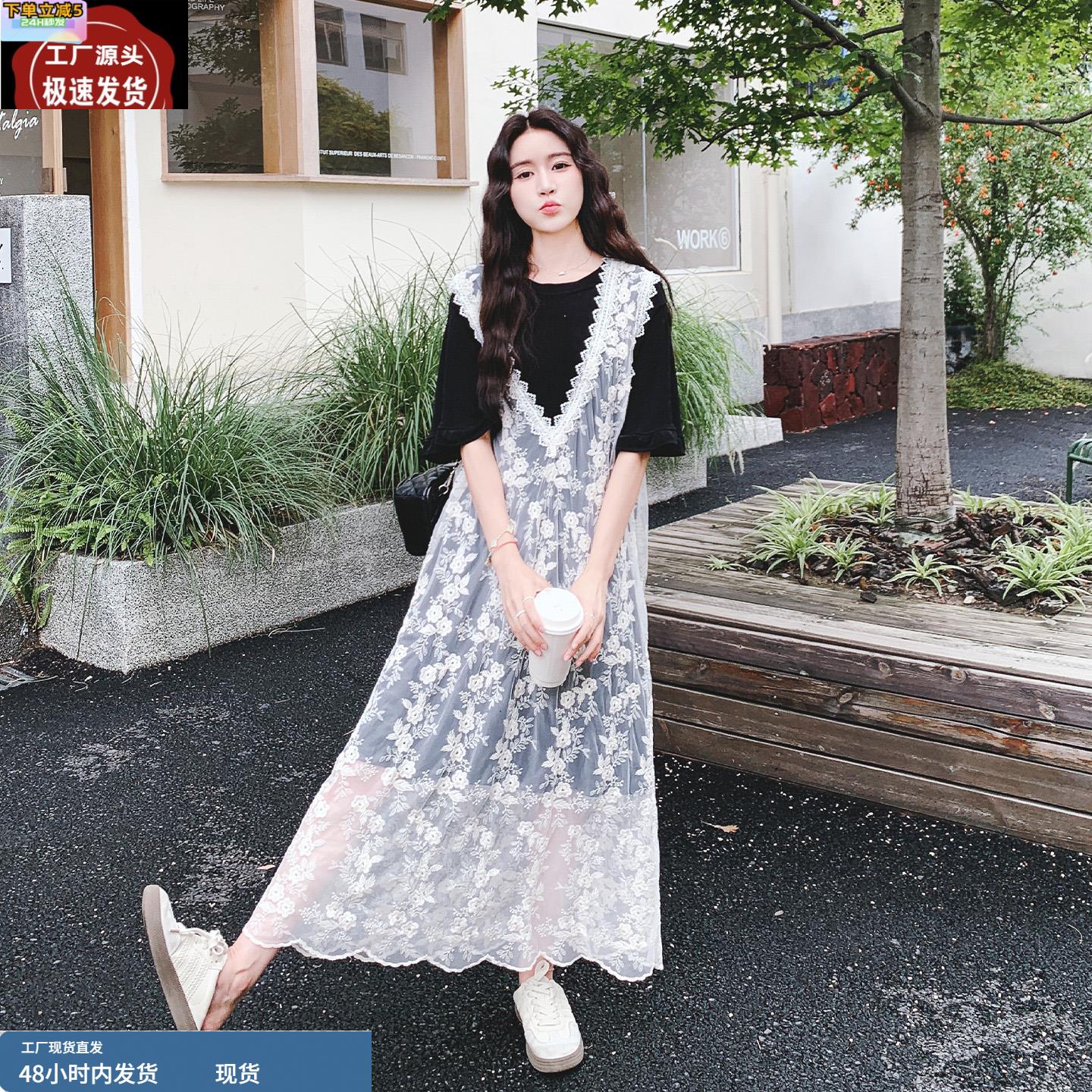 法式蕾丝钩花罩衫连衣裙套装女2025夏巨好看减龄休闲T恤裙两件