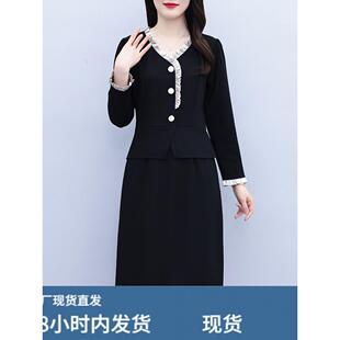 黑色v领长袖连衣裙女士2025新款春秋款遮肚子显瘦假两件裙子