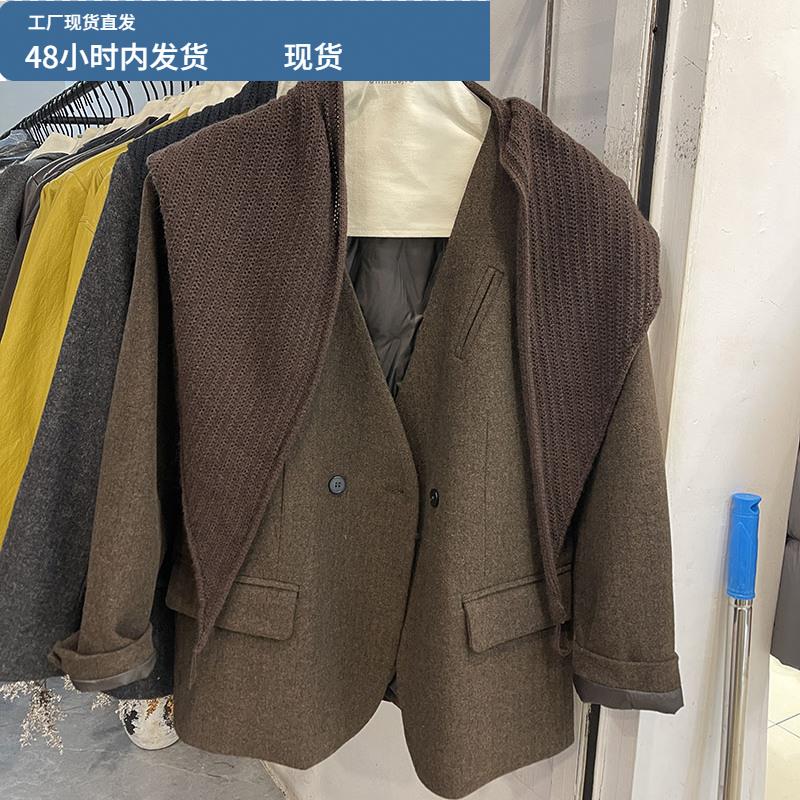 2025新女秋冬西装短外套女宽松显瘦上衣针织披肩90鹅绒羽绒内胆