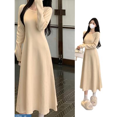 大码女温柔风法式纯色针织连衣裙秋冬胖mm遮肚显瘦圆领内搭长裙子