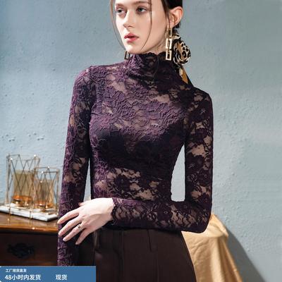 高领蕾丝打底衫女可外穿秋冬加绒2025新款高级感镂空长袖内搭上衣