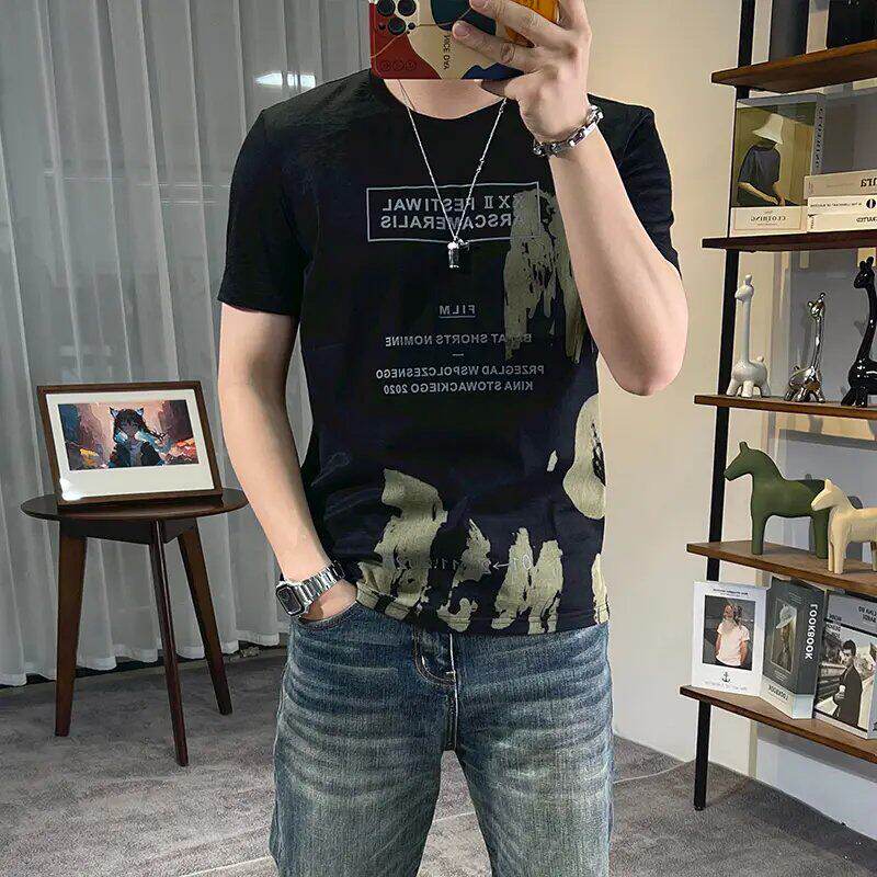 夏季圆领格子印花短袖T恤男新款时尚百搭透气半袖体恤上衣男装潮