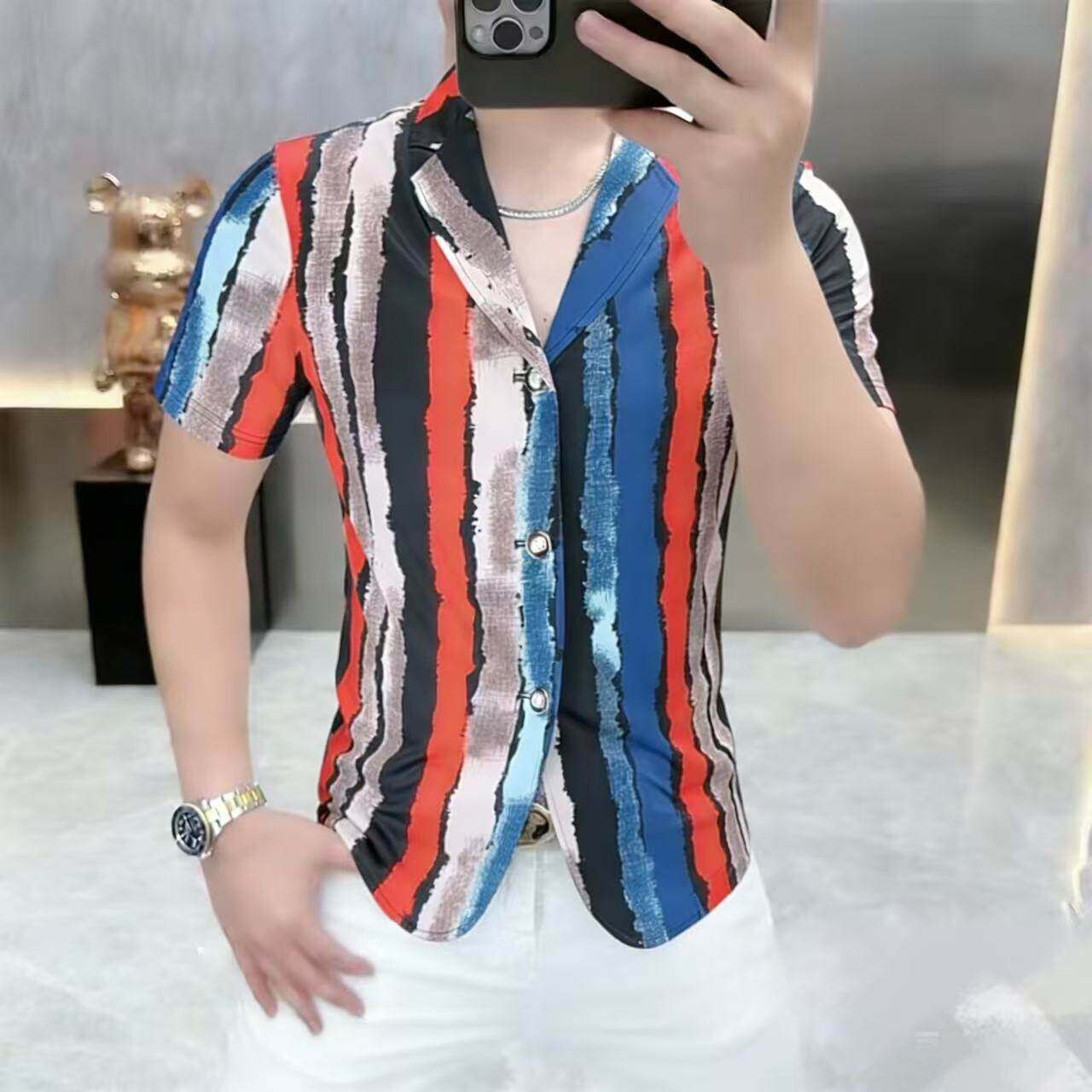 男士短袖彩色条纹衬衫夏季新款时尚潮流休闲轻奢翻领修身半袖衬衣