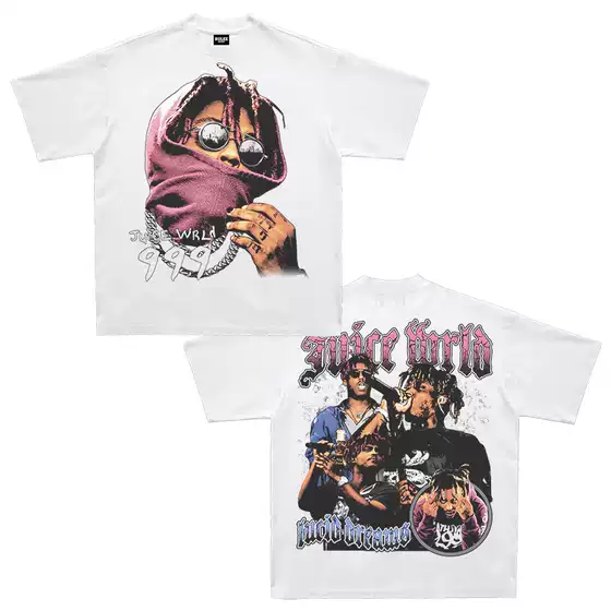 Juice Wrld Vintage Juice Retro Portrait Summer Short Sleeve American T-Shirt Loose Hip-Hop Rap