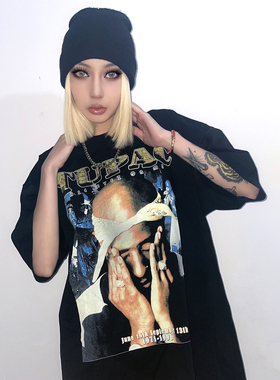 2PAC图派克Tupac西海岸Vintage嘻哈短袖街头人像复古饶舌T恤美式