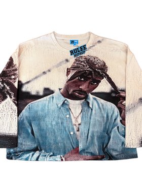 RULEE黑怕 2PAC图派克喷印RAP嘻哈圆领长袖宽版秋冬说唱街头毛圈