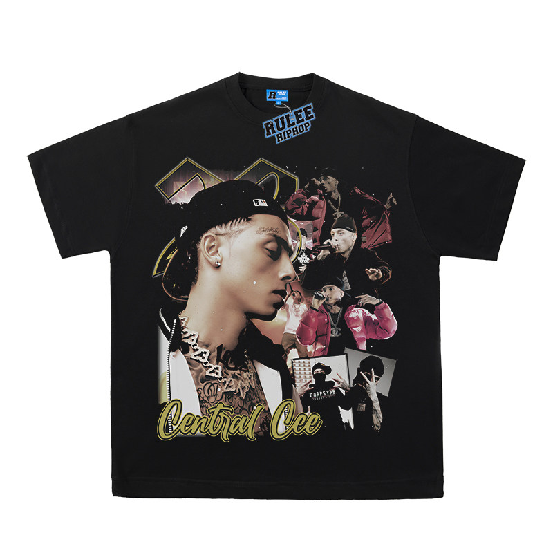 Central Cee vintage tee 复古说唱嘻哈宽松短袖T恤直喷饶舌人像