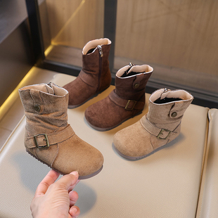 女童复古绒面马丁靴西部牛仔靴2025秋冬新款儿童时尚褶皱小短靴