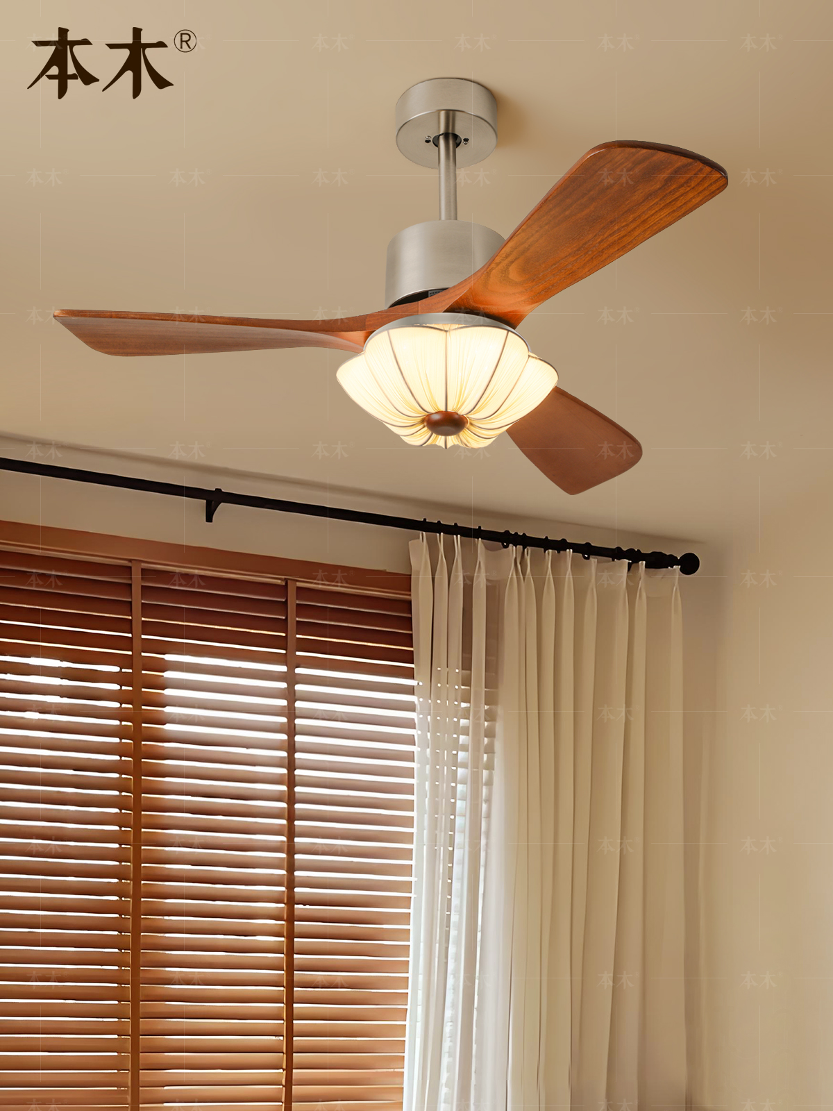 中古风包豪斯实木风扇灯覆古布艺大厅吊灯全光谱护眼电扇一体带灯
