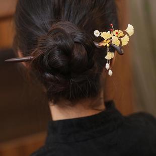 银杏叶发簪秋冬盘头发簪子步摇流苏木簪手工旗袍头饰古风汉服发饰