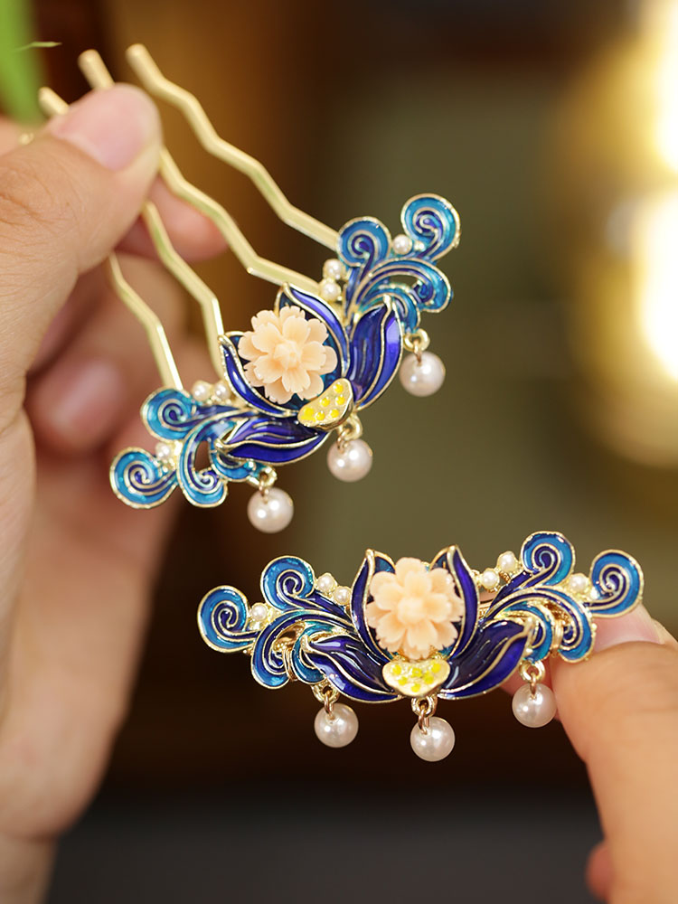 池鸢国风簪子烧蓝花耳后发夹发饰