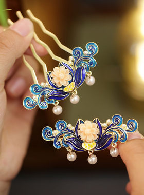 池鸢国风簪子烧蓝花耳后发夹发饰