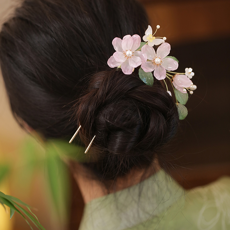 粉色琉璃花朵u型发簪汉服发饰品