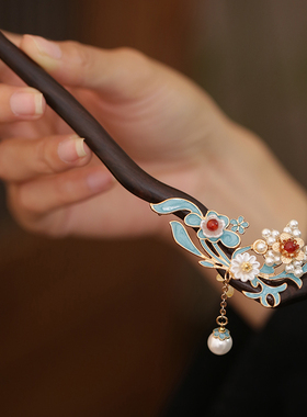 古风花朵发簪简单大气盘头发簪子女高级感步摇檀木簪烧蓝旗袍发饰