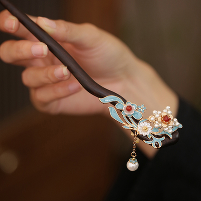 古风花朵盘发檀木发簪烧蓝发饰品