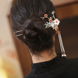 u形发簪高级感小众烧蓝贝壳花头钗簪子步摇流苏汉服头饰古风女童