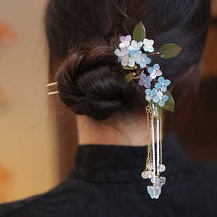 国风u型发簪长流苏紫阳花清冷感簪子女古风步摇蓝色旗袍发饰夏季