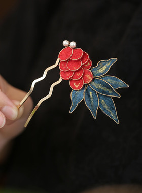 u形发卡掐丝小鱼发簪古风女童红色簪子配旗袍短发钗订婚头饰秀禾