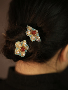 小花钗配马面裙的发簪短簪盘发簪子女童烧蓝u形发钗红色汉服发饰