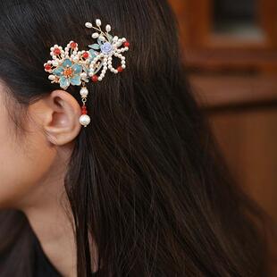 短发半扎发饰新中式烧蓝小花发夹女士后脑勺国风边夹耳后发卡鸭嘴