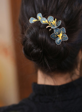 四齿插梳中式蓝色头饰后脑勺秋冬发簪女2025新款掐丝花朵旗袍簪子