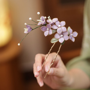 盘发u型发簪配旗袍发髻簪子短款发钗掐丝花朵紫色头饰马面裙发饰