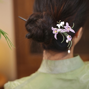 紫色玉兰花发簪配马面裙盘头发簪子新中式清冷缠花檀木簪旗袍发饰