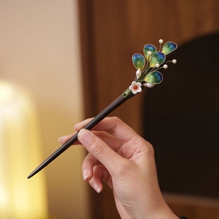 凤尾绒花发簪女2025新款盘头发簪子檀木簪旗袍头饰搭配古风发饰品