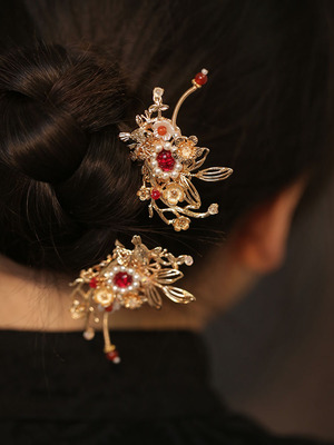 池鸢古风红色结婚簪子小发梳发饰