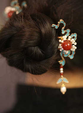 祥云发簪女2025新款儿童马面裙簪子古风步摇烧蓝点缀发钗对簪头饰