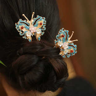 国风u型发簪古风女童汉服簪子新中式清冷烧蓝蝴蝶发钗旗袍头饰品