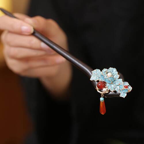 新中式烧蓝花朵檀木发簪旗袍发饰