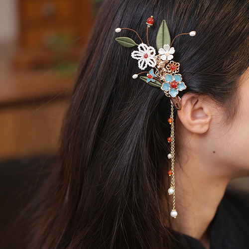 古风烧蓝花朵缠花流苏边夹女发饰
