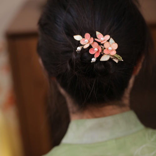 中式桔色掐丝花朵旗袍发夹头饰品