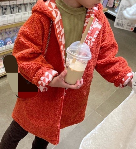 包邮春秋天保暖冬季连帽开衫羊羔绒橘色女童装女宝中长款拉链外套
