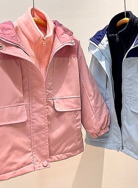 包邮2合1套装春秋冬保暖薄棉服+摇粒绒开衫男童女宝连帽加厚外套