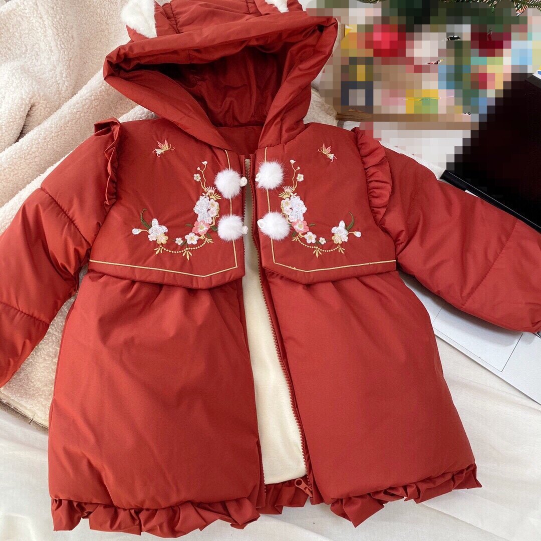 包邮女童棉服红色喜庆小兔子耳朵连帽冬季保暖加绒新年过年夹棉袄