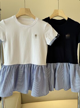 断码清仓包邮女宝女童短袖连衣裙子夏季学院风条纹拼接7岁至12岁
