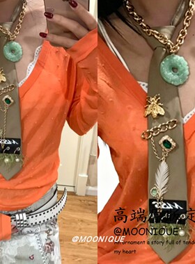 新中式百搭领带貔貅绿色吊坠项链女金色链条新潮气质款锁骨链配饰